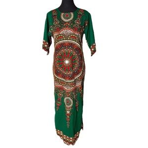 African Style Dashiki Kaftan Dress Handmade Forest Green Mandala Pattern Small
